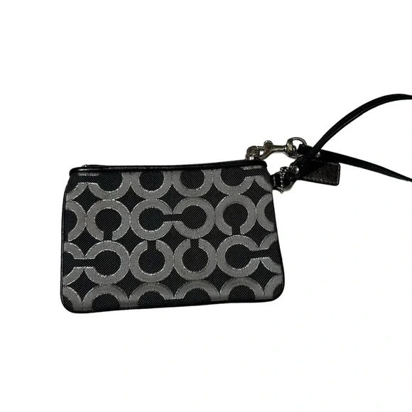 COACH Black Silver OP Art Wristlet GUC Logo Canvas Patent Leather Trim - Picture 5 of 6